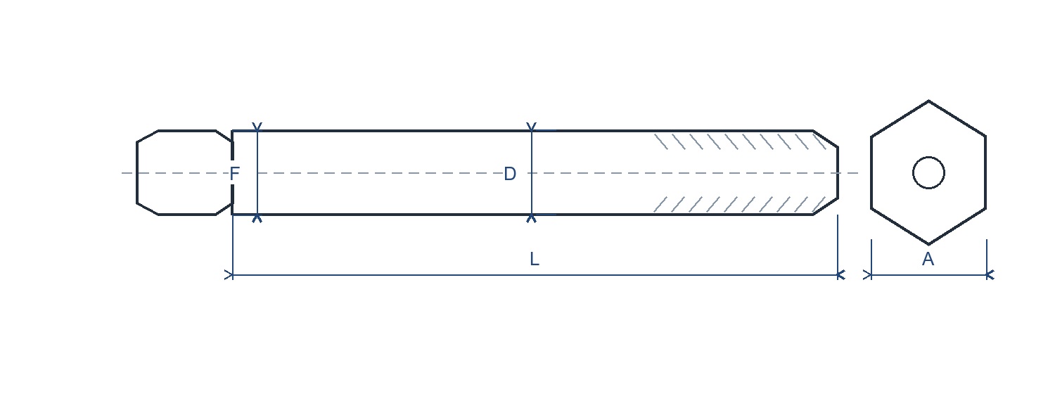 Line drawing of a heavy-series hexagon bolt with nominal size, shank diameter, head thickness, length and width across flats marked.