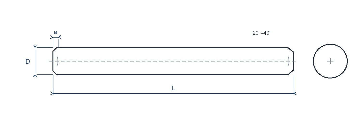 Line drawing of a metric parallel dowel pin with diameter, length and chamfer dimensions marked.