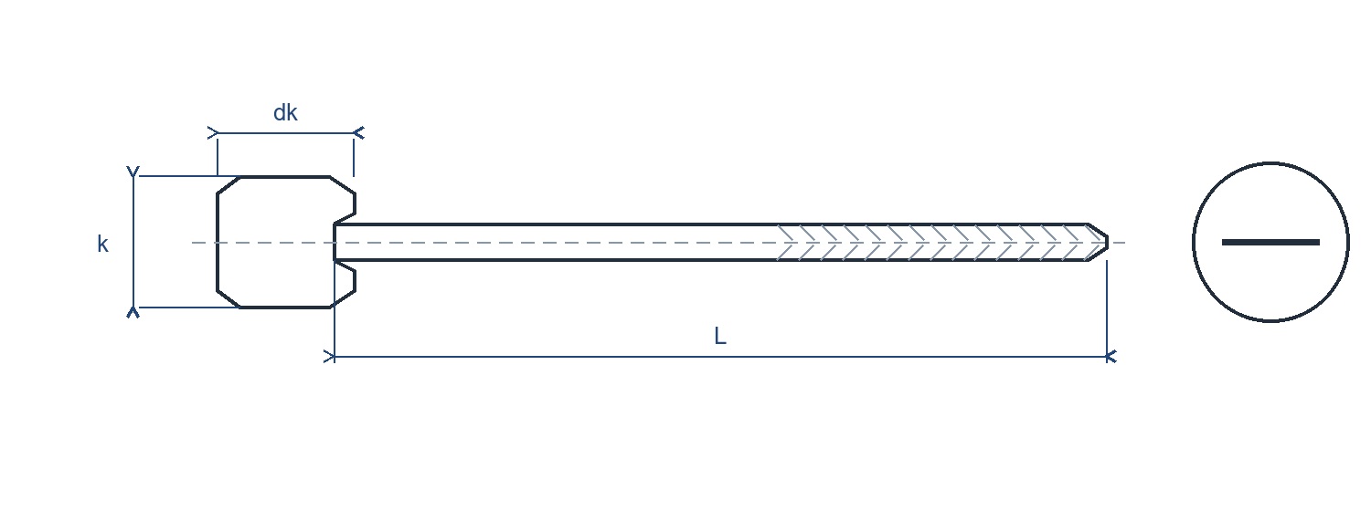 Line drawing of a slotted pan-head machine screw with head diameter, head height, nominal diameter, length and slot detail marked.