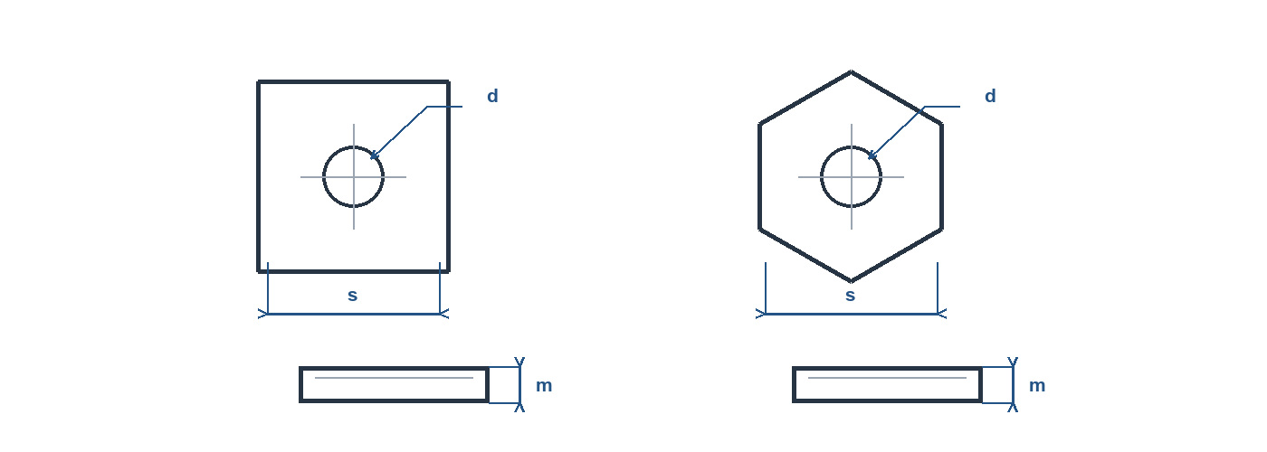 Technical line drawing of square and hexagon pressed machine screw nuts with thread, width and thickness references