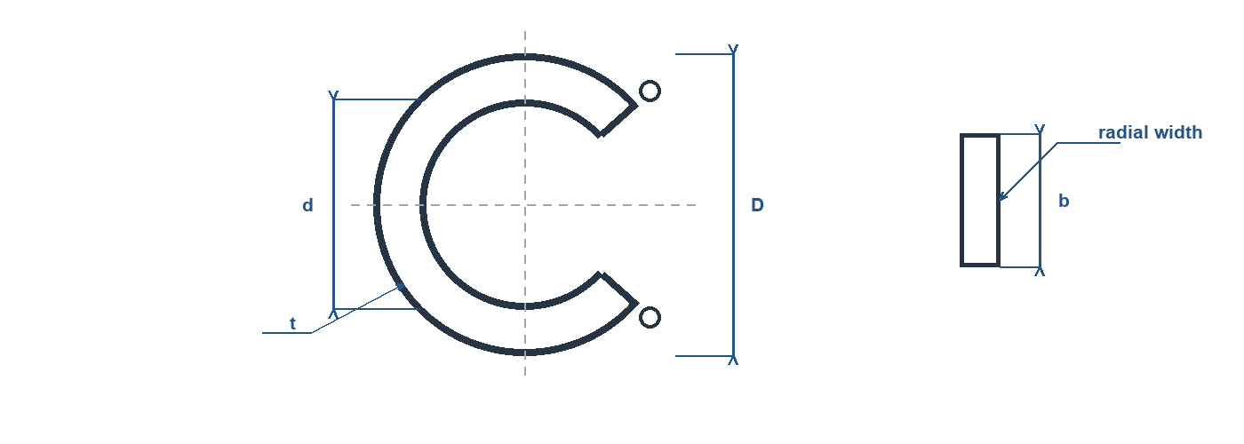 Technical line drawing of a split spring retaining ring with outside diameter, inside diameter, strip thickness and width references.