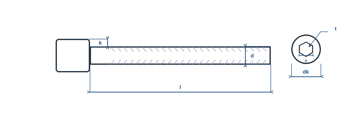 Technical line drawing of a hexagon socket head cap screw with length, thread diameter, head diameter, head height and socket references.