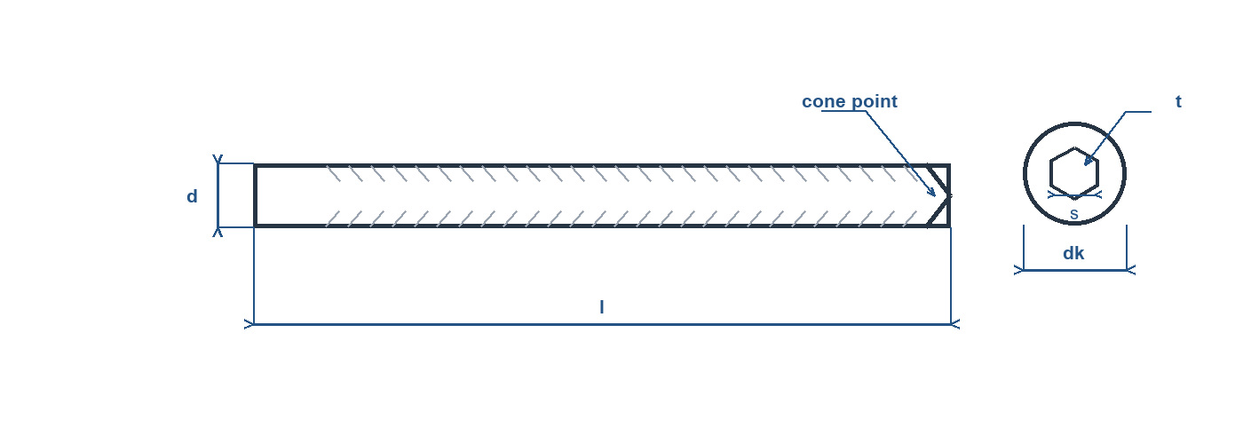 Technical line drawing of a hexagon socket set screw with cone point, showing thread diameter, length, socket size and cone point.