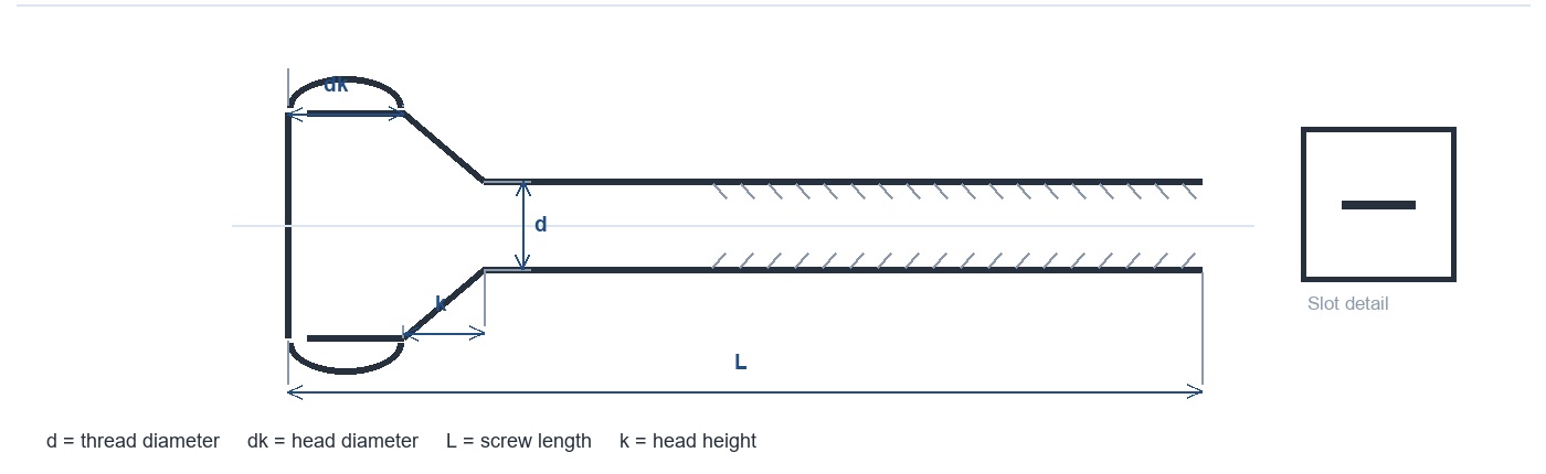 Schematic side and top views of a BS 450 slotted raised-countersunk machine screw with head and length dimensions